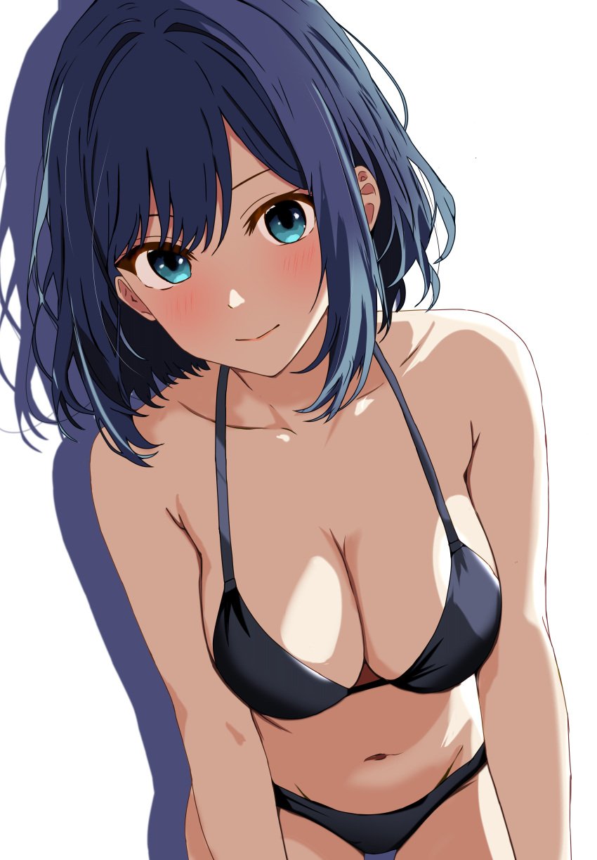 bare_arms bare_belly bare_legs bare_shoulders bare_thighs belly_button big_breasts bikini black_bikini blue_eyes blue_hair blush breasts cleavage closed_mouth collarbone kurokawa_akane oshi_no_ko short_hair smile tetsuado thighs