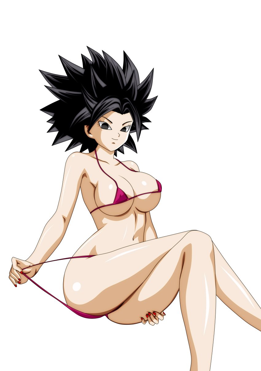 1girls alternate_breast_size bikini black_eyes black_hair breasts caulifla dannyjs611 dragon_ball dragon_ball_super female female_only huge_breasts light-skinned_female light_skin long_hair nail_polish panty_pull saiyan shounen_jump solo solo_female spiky_hair thick_thighs