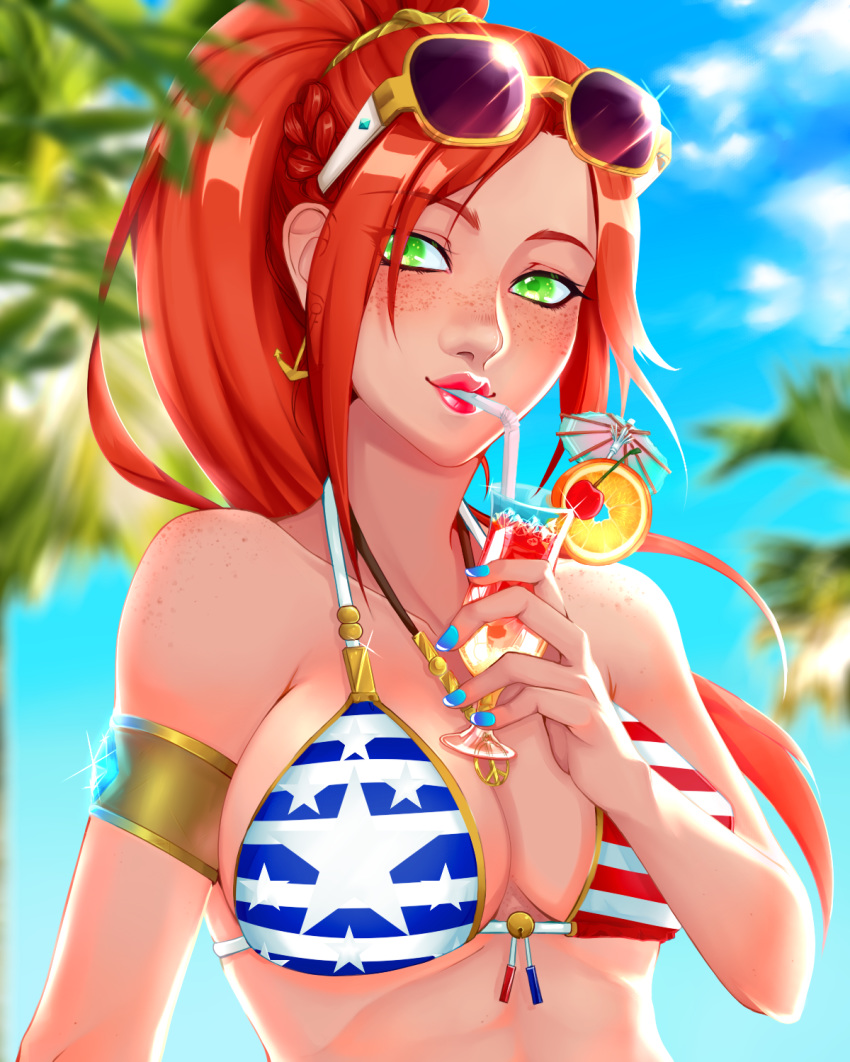 bikini breasts cassie_(paladins) female glasses green_eyes orange_hair paladins