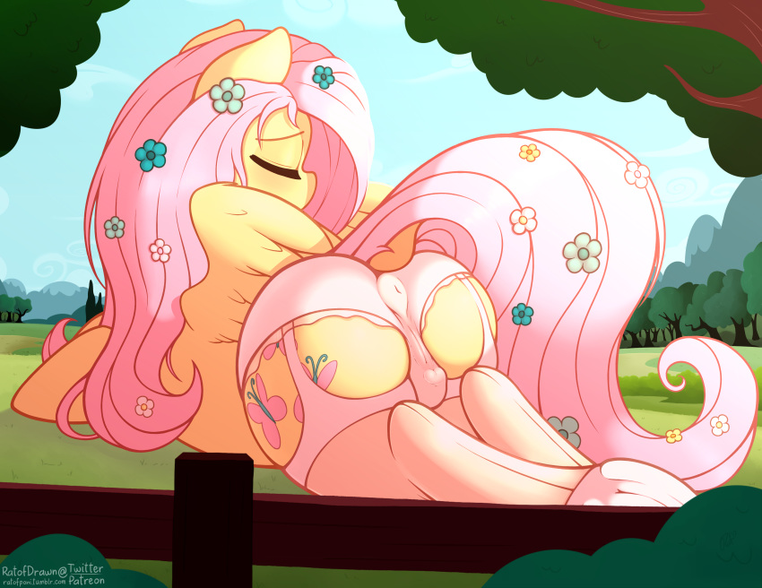 absurd_res ass closed_eyes clothing cutie_mark dock equine female feral fluttershy_(mlp) friendship_is_magic hair hi_res long_hair mammal my_little_pony outside pegasus pink_hair ratofdrawn solo tree underwear wings