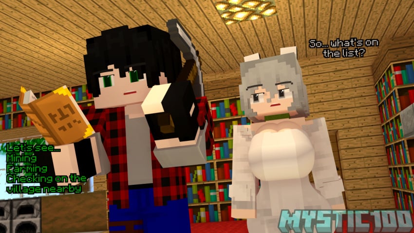 1boy 1girls breasts dialogue lucy_the_wolf mine-imator minecraft mystic100 mystic_(mystic100) wolf_ears wolf_girl wolf_tail