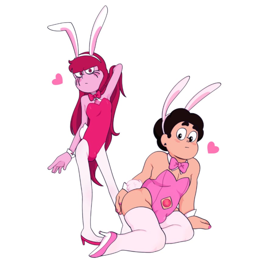 1futa 1futa1boy 1male accurate_art_style animal_ears arm_up big_ass black_eyes black_hair blush blush_lines bodysuit bulge bulge_through_clothing bunny bunny_costume bunny_ears bunny_tail bunnysuit cartoony chubby chubby_male cleavage clothed clothing color colored cuffs cute dark_brown_hair detached_collar digital_drawing_(artwork) digital_media_(artwork) duo earrings embarrassed flat_chest flat_chested fluffy_tail futanari gem gem_(species) hair_down hairless_armpits high_heels human hybrid leotard long_hair lowres male male_only not_ai_generated on_knees pink_background pink_bodysuit pink_bowtie pink_bunnysuit pink_leotard pink_nail_polish pink_nails playboy_bunny posing red_bodysuit red_bunnysuit red_eyes red_hair red_leotard short_hair simple_shading sitting solo spinel_(steven_universe) standing steven_quartz_universe steven_universe stevinel strapless strapless_leotard tail thighs thin_female white_background white_ears white_legwear wrist_cuffs