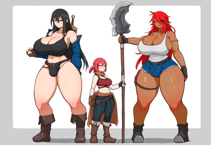 2024 2d 2d_(artwork) 3futas 3girls adult_female ai_generated big_thighs big_woman bigger_female black_hair black_haired_futa black_tank_top blue_booty_shorts booty_shorts bulge child_bearing_hips closed_eyes dark-skinned_female dark-skinned_futanari dark_skin dickgirl eyes_closed fantasy fuckable futa_only futanari giant_futanari height_difference huge_breasts light-skinned_futanari light_skin long_red_hair mullon novelai original pink_hair_futa plain_background red_hair red_hair_female red_hair_futanari short_pink_hair short_shorts shorts smaller_female smaller_futanari smile standing tall tall_woman taller_futanari tank_top thighs trio weapon white_tank_top