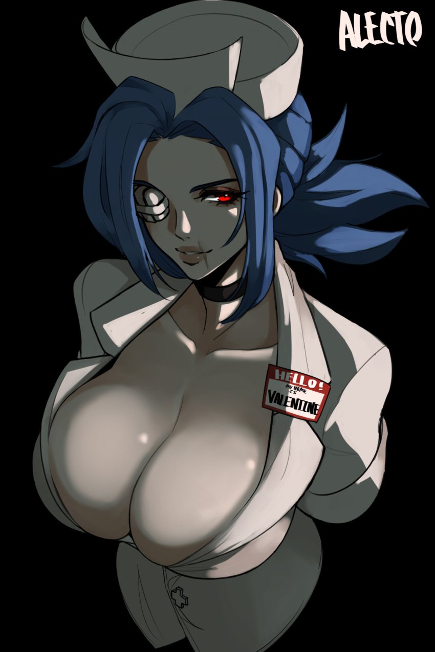 1girls alecto_0 big_breasts blue_hair breasts choker cleavage nurse nurse_uniform red_eyes scar skullgirls valentine_(skullgirls)