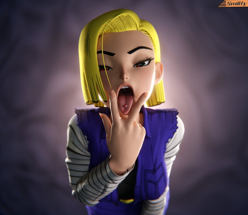 1girls android android_18 blonde_female blonde_hair blonde_hair_female blue_eyes bob_cut clothed clothed_female dragon_ball dragon_ball_z eyelashes female female_focus female_only light-skinned_female light_skin looking_at_viewer medium_hair offering offering_to_viewer open_mouth oral oral_gesture oral_insinuation oral_invitation petite presenting_mouth presenting_throat presenting_tongue red_eyes seductive_eyes seductive_look seductive_mouth slim smitty34 solo solo_female solo_focus throat tongue_out