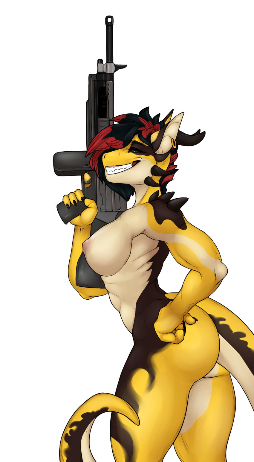 a_man_in_a_beasts_world amber_hellfire_(ghilliecamo) anthro areola ass assault_rifle bad_trigger_discipline big_breasts black_hair black_sclera breasts brown_body claws dragon ear_piercing female grin gun hair hi_res holding_gun holding_object holding_ranged_weapon holding_weapon horn looking_aside looking_at_viewer multicolored_body multicolored_hair mythological_creature mythological_scalie mythology nipples nude orange_eyes piercing ranged_weapon red_hair rifle scalie side_view simple_background smile solo spottedp_anda0046 tan_body two_tone_hair weapon white_background yellow_body