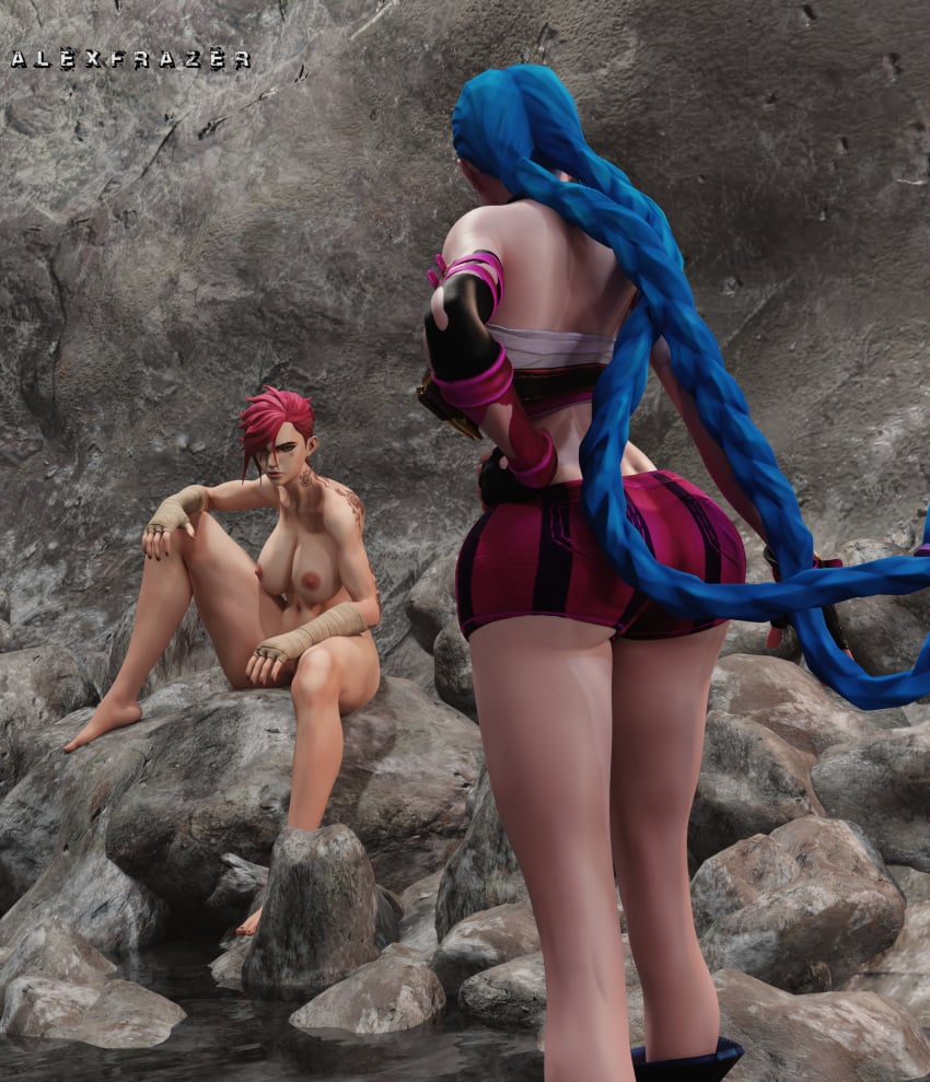 3d alexfrazer barefoot blue_hair breasts feet jinx_(league_of_legends) league_of_legends naked_female pink_hair riot_games sitting toes vi water