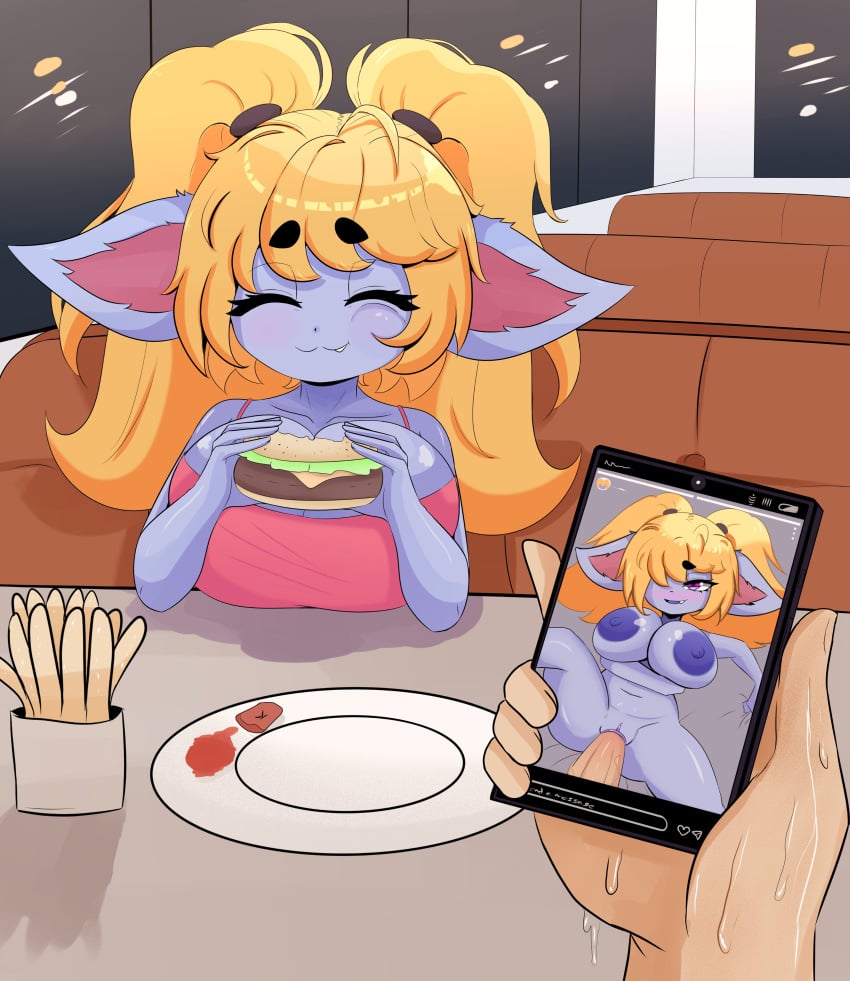 absurd_res arm_under_breasts big_breasts blonde_hair blue_body blush bodily_fluids breast_rest breasts burger cellphone cleavage clothed clothing eating electronics female female_penetrated food genitals grabbing_sheets hair hair_over_eye hi_res holding_cellphone holding_object holding_phone human kindrose kindroseart league_of_legends looking_at_viewer lying male male/female male_penetrating male_penetrating_female mammal nipples not_furry nude on_back penetration penile penile_penetration penis penis_in_pussy phone poppy pussy riot_games sex sweat sweaty_hands tencent vaginal_penetration yordle