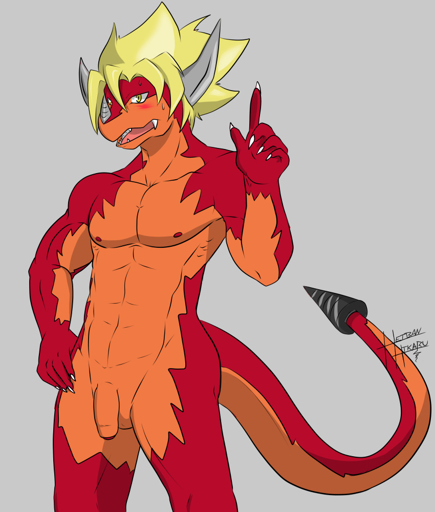 abs anthro athletic blush claws dragon drum_(buddyfight) drum_bunker_dragon embarrassed fangs flaccid front_view future_card_buddyfight hand_on_hip heibanhikaru hi_res horn humanoid_penis male male_only nipples nude open_mouth partially_retracted_foreskin pecs penis scalie signature solo standing sweat sweatdrop uncut