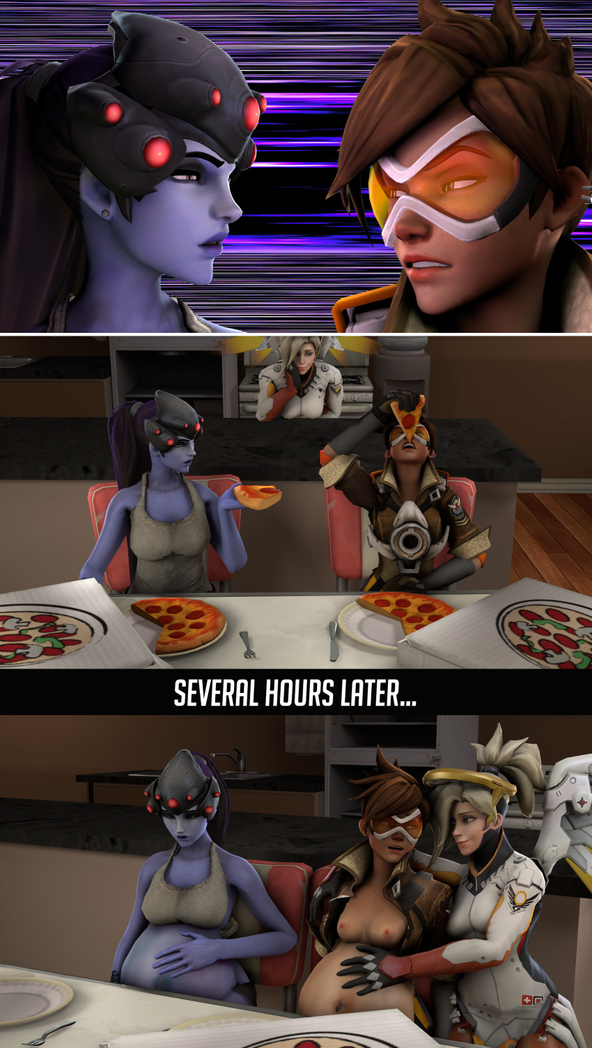 3d belly belly_rub big_belly casualmuffin empty_plates mercy overwatch pizza pizza_box plate source_filmmaker stuffing tracer weight_gain widowmaker