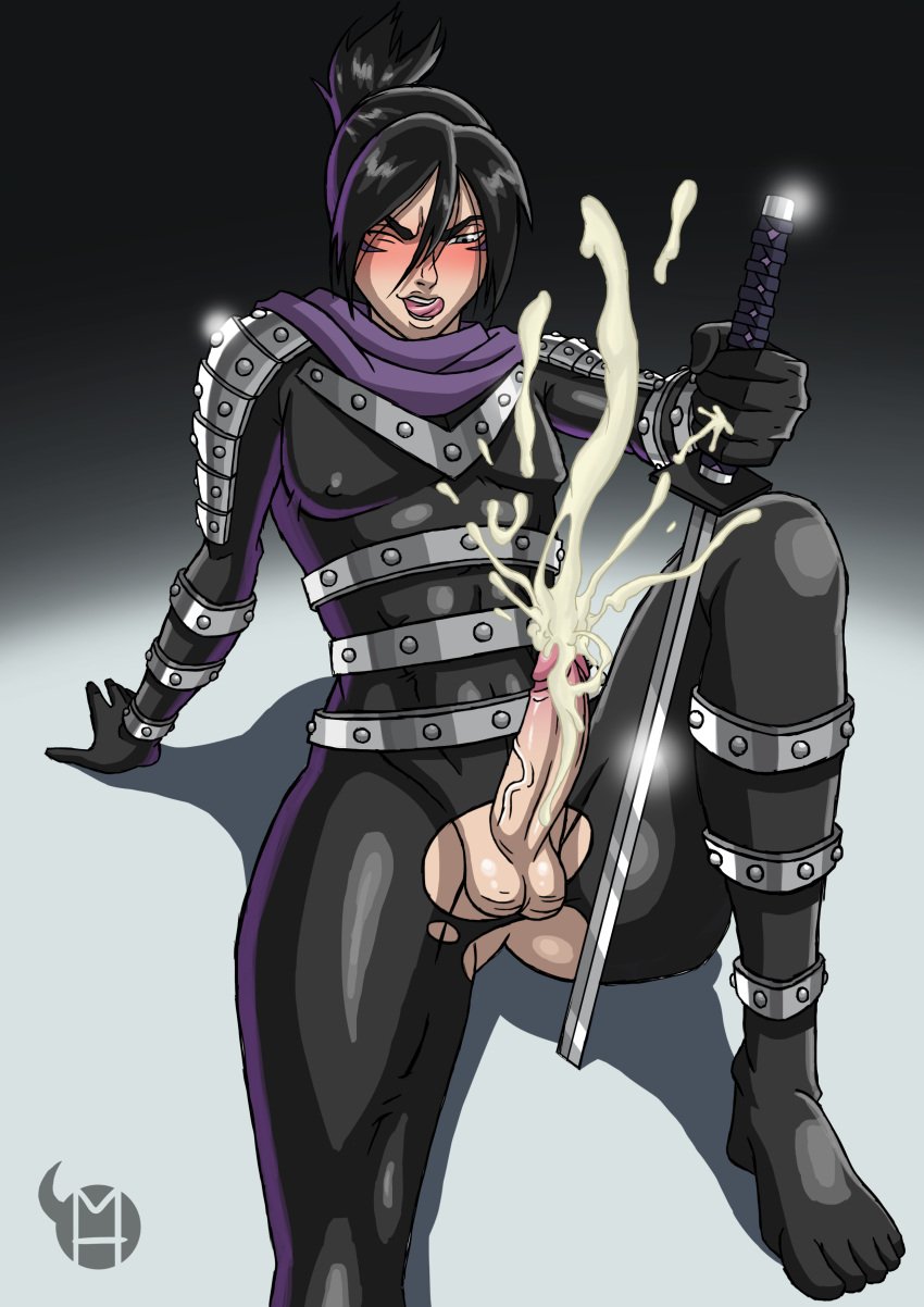 1boy armor balls black_hair blush bodysuit color cum cumshot erect_nipples facial_mark femboy folded_ponytail grey_eyes licking_lips looking_down male male_only milo_hornyck ninja one-punch_man penis scarf seated simple_background skin_tight solo speed-o'-sound_sonic sword tongue_out torn_clothes veiny_penis yaoi