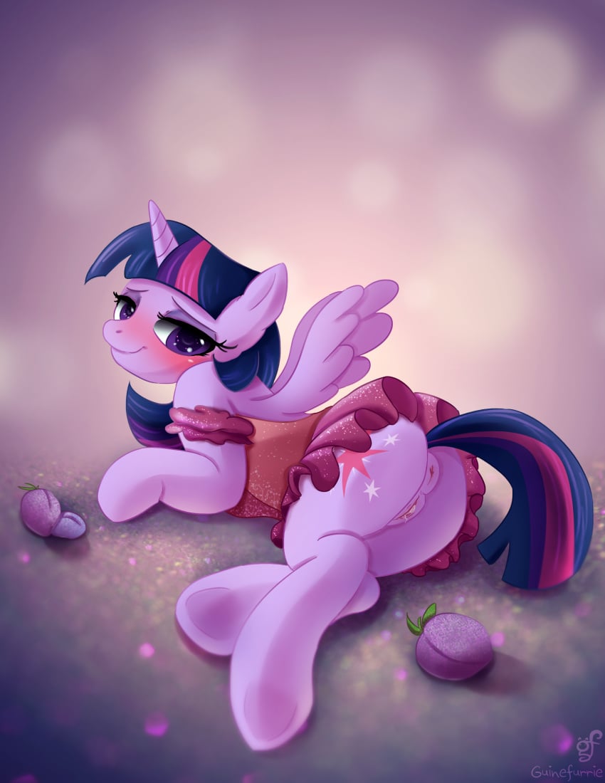 2014 alicorn anus blush clothed clothing cutie_mark equine eyelashes feathered_wings feathers female feral friendship_is_magic fur guinefurrie hair hi_res hooves horn looking_at_viewer mammal multicolored_hair my_little_pony plum_(fruit) purple_eyes purple_feathers purple_fur purple_hair pussy pussy_juice smile solo twilight_sparkle_(mlp) two_tone_hair wings