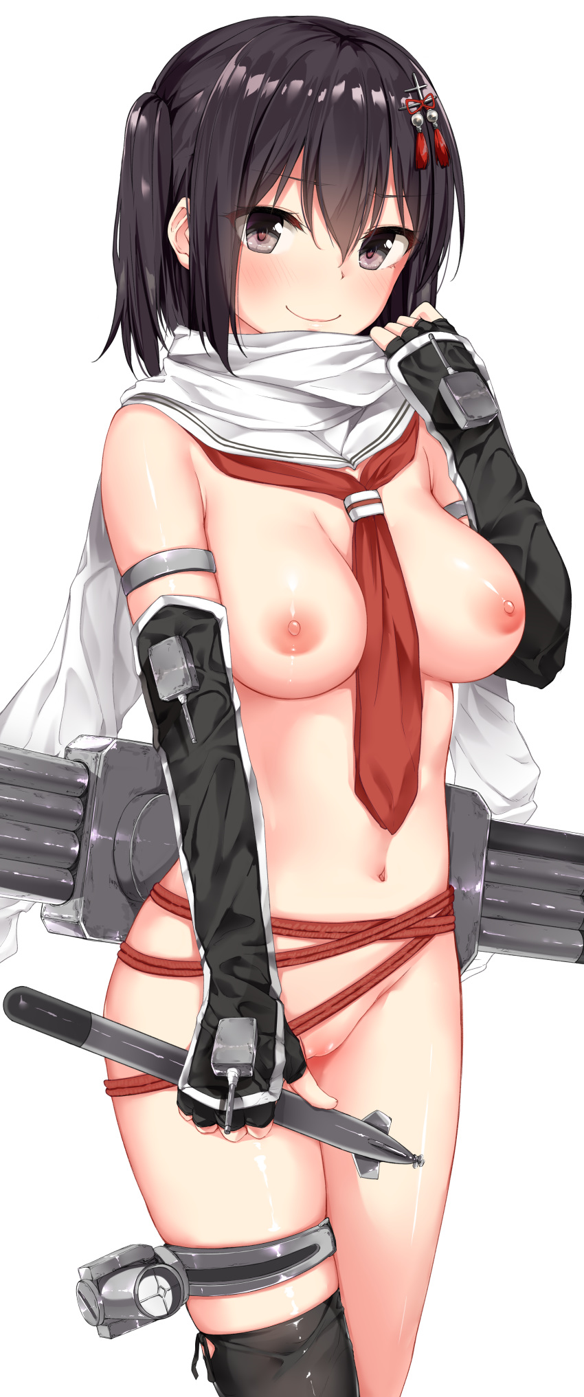 absurdres armlet between_breasts black_eyes black_gloves black_hair black_legwear blush breasts bright_pupils closed_mouth female fingerless_gloves gloves hair_between_eyes hair_ornament highres kantai_collection medium_breasts medium_hair mujakuma navel neckerchief nipples nude pussy scarf sendai_(kantai_collection) simple_background single_thighhigh smile solo thighhighs thighlet torpedo torpedo_tubes two_side_up white_background white_scarf