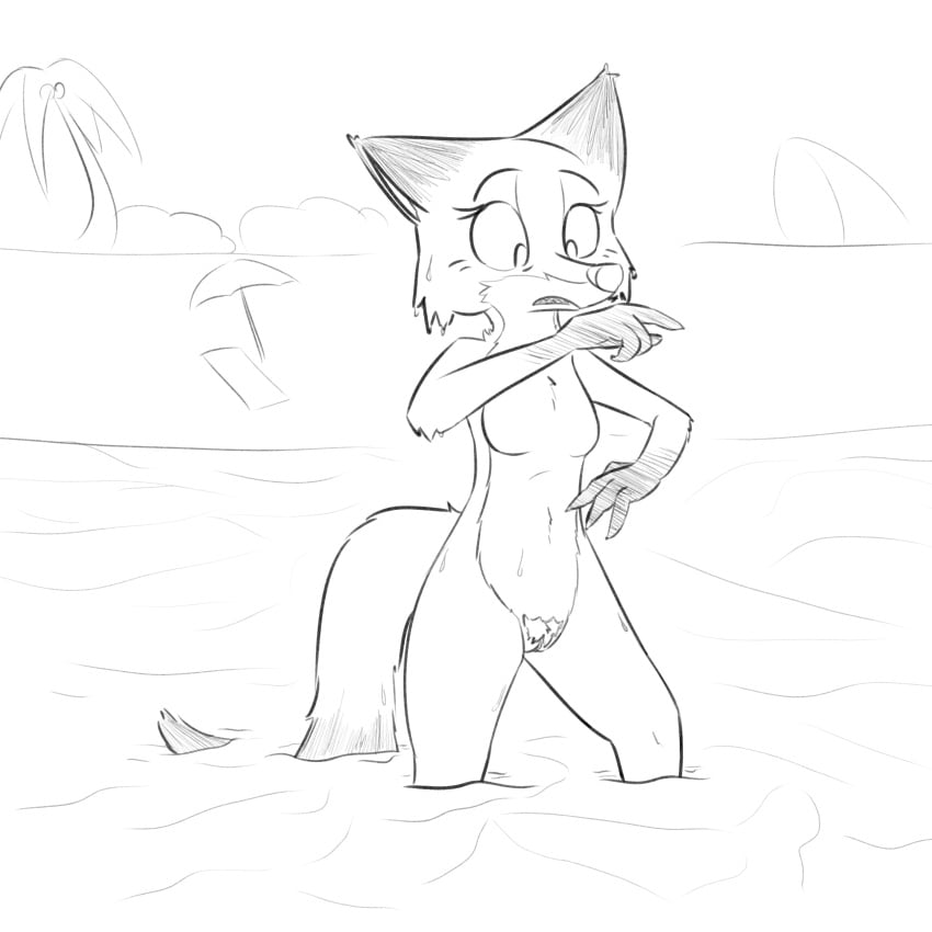 1girls 2016 abs anthro beach black_and_white breasts canine disney featureless_breasts female flat_chest fox fur hi_res mammal mature_female monochrome mrs._wilde nude outside partially_submerged pubic_hair pussy seaside solo standing visiti water wet zootopia