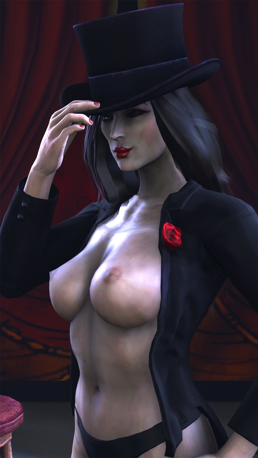 1girls 3d 3d_(artwork) big_breasts black_hair black_panties black_thong blue_eyes dark_hair dc dc_comics female_focus female_only injustice:_gods_among_us lipstick no_bra no_bra_under_clothes open_clothes panties red_lipstick smokescreen117 source_filmmaker tailcoat thong zatanna zatanna_zatara