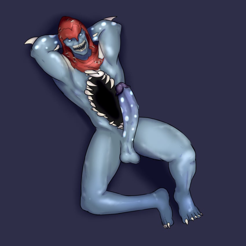 bakasura_(smite) balls big_penis blue_skin demon hindu_mythology hood long_penis looking_at_viewer lying male male_only olethros penis sharp_teeth smite spikes teeth testicles