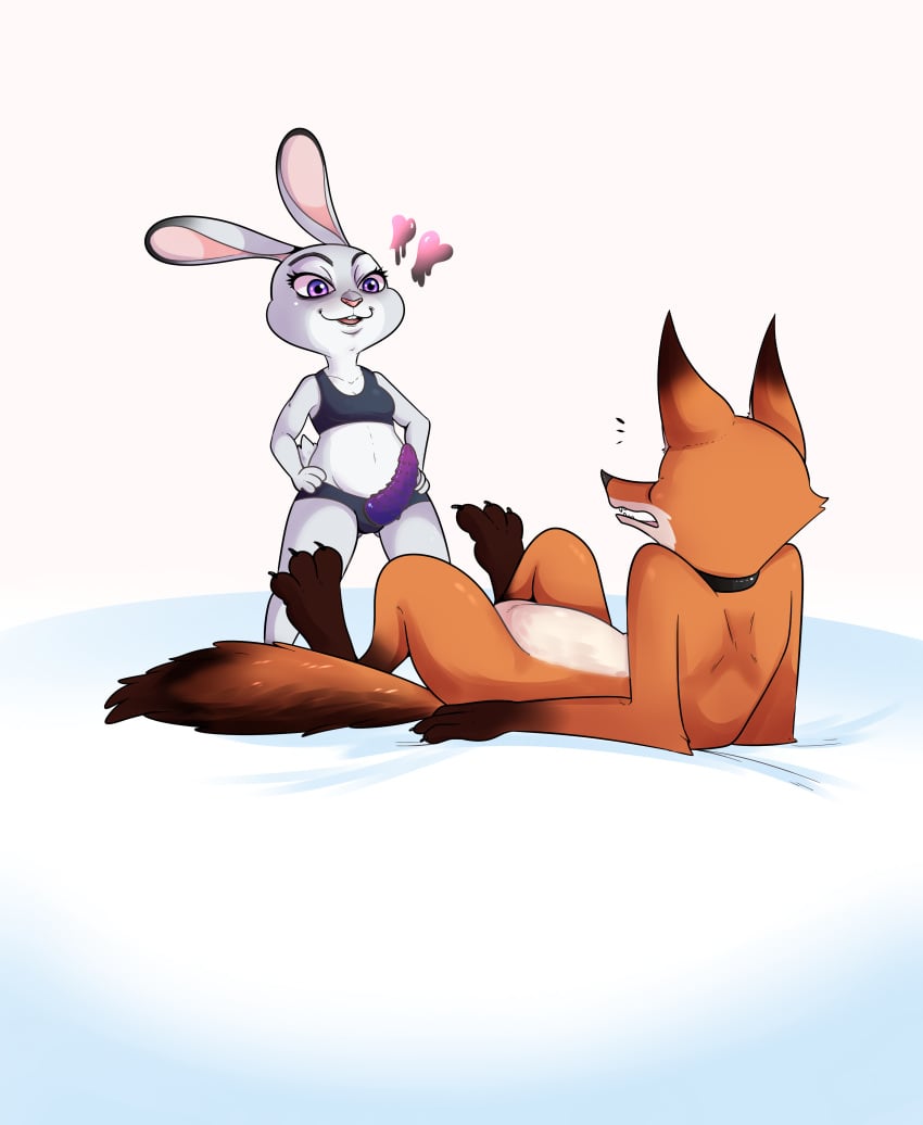 2016 anthro babynarwhal barbed_dildo bra breasts buckteeth canine dildo disney duo female fox hands_on_hips heart highres horrifying interspecies judy_hopps lagomorph long_ears lying male mammal navel nick_wilde nude on_back predator/prey purple_eyes rabbit rubber sex_toy simple_background small_breasts smile standing straight strap-on uhoh underwear zootopia