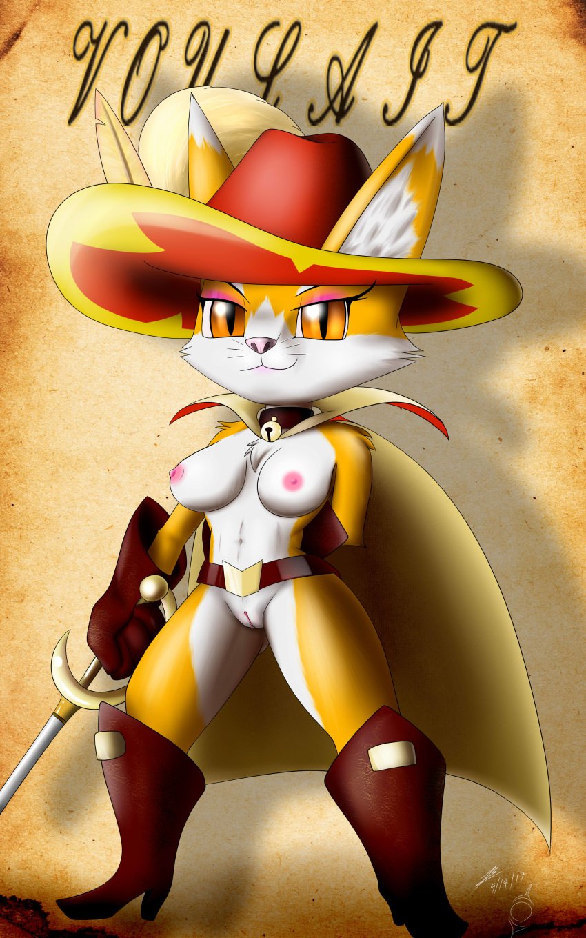 areola belt big_breasts bludraconoid boots breasts clothing collar feline footwear fur gloves hat invalid_tag mammal melee_weapon monster_super_league nipples nude orange_eyes orange_fur original_character pussy rapier smile sword weapon white_fur