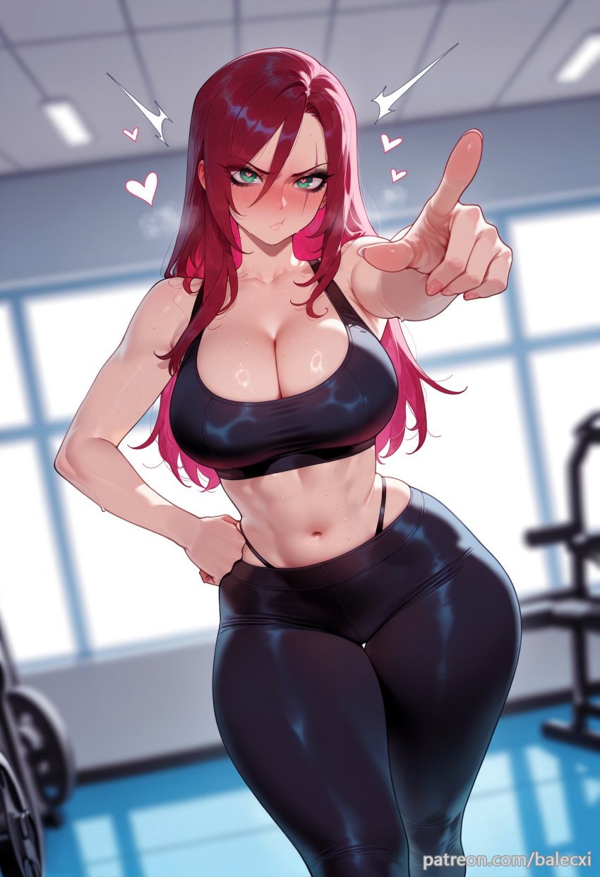 ai_generated balecxi black_sports_bra blurry blurry_background blush cleavage female green_eyes hand_on_own_hip heart highleg katarina_du_couteau large_breasts league_of_legends long_hair looking_at_viewer midriff navel pants patreon_username pointing red_hair scar_across_eye scar_on_face solo sports_bra sweat thighs underwear yoga_pants