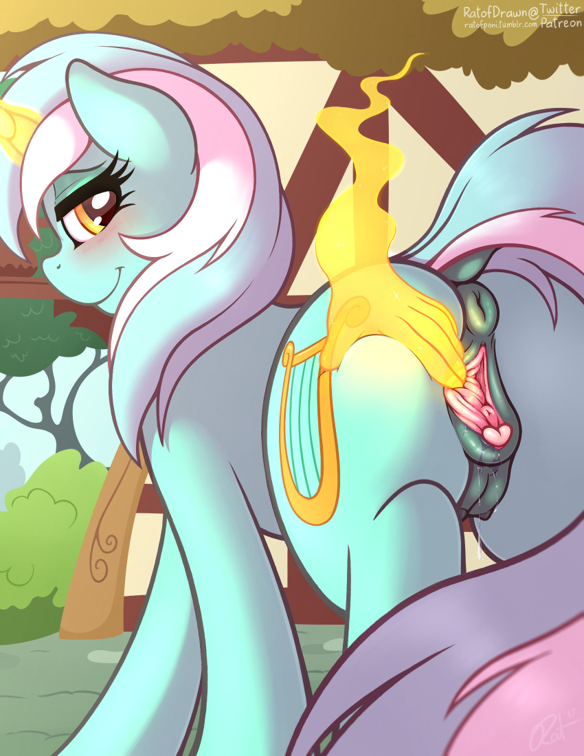 absurd_res anatomically_correct anatomically_correct_pussy animal_genitalia animal_pussy anus ass blush clitoris crotchboobs cutie_mark dock equine equine_pussy female feral friendship_is_magic hair hi_res looking_at_viewer lyra_heartstrings_(mlp) mammal multicolored_hair my_little_pony outside pussy pussy_juice ratofdrawn smile solo two_tone_hair