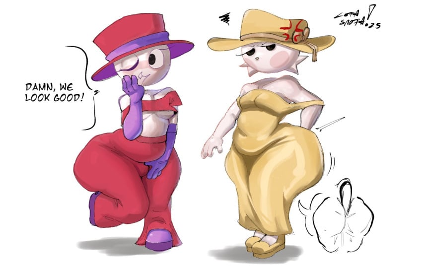 2boys angry big_ass digging_up_in_they_ass femboy femboy_only high_res lemi lofa lofasnofa purple_gloves purple_shoes red_dress red_hat smiling white_skin yellow_dress yellow_hat yellow_shoes