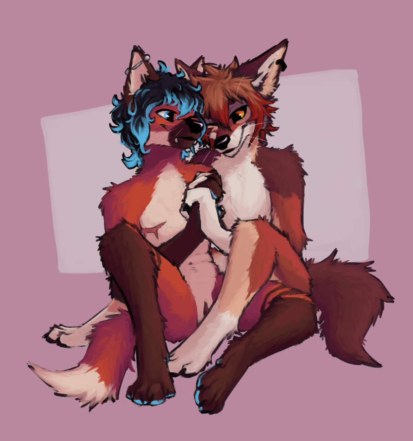andromorph andromorph/male anthro barely_visible_genitalia barely_visible_pussy black_hair blue_eyes blue_hair brown_body brown_fur brown_hair canid canine canis coyote cuntboy duo ear_piercing faryart fur genitals hair hand_holding hi_res intersex intersex/male male mammal maned_wolf mastectomy_scar one_eye_closed orange_body orange_fur pawpads paws piercing pink_background pussy scar sex_toy simple_background sitting smile trans_(lore) trans_man_(lore) white_body white_fur