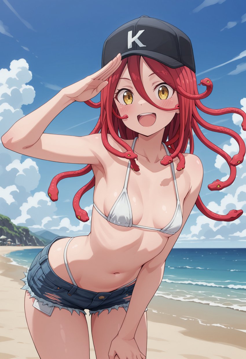 1girls ai_generated aurea_(gate) baseball_cap beach bikini_top booty_shorts civitai female female_focus female_only gate_-_jieitai_ka_no_chi_nite_kaku_tatakaeri high_thong kenjo mosquito_bites petite petite_body petite_breasts petite_female red_hair small_breasts snake_hair tagme thong thong_straps thongstraps young young_female young_woman