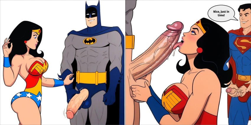 2_panel_comic ai_generated batman bruce_wayne cock_awe cuckold cuckolding dc dc_comics dialogue diana_prince flashing_penis jerkingoff justice_league licking licking_penis masturbation pale-skinned_female pale-skinned_male shocked super_friends superfriends superman will_of_ai wonder_woman wonder_woman_(super_friends)