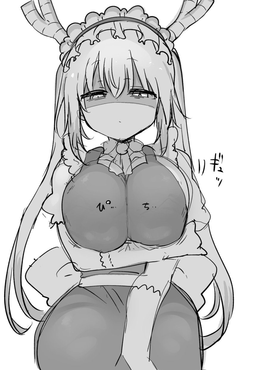 1girls arm_under_breasts bouncing_breasts clothed_female clothing cool-kyou_shinja dragon_girl female gloves horns huge_breasts jiggling_breasts kobayashi-san_chi_no_maidragon large_breasts looking_at_viewer maid miss_kobayashi&#039;s_dragon_maid solo tagme tohru_(dragon_maid) unamused