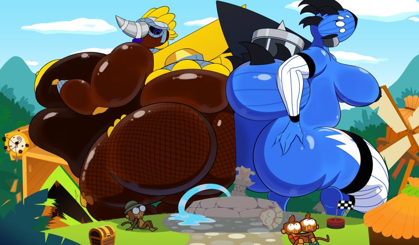 2025 2d 2d_(artwork) 2girls absurd_res aircraft anthro armored_behemoth_dreadbloon ass ass_focus back_view bbw belly big_belly big_breasts blimp bloons_td_6 bloons_tower_defense blue_body blue_skin breasts breasts_bigger_than_head breasts_out brown_body brown_skin chest detailed_background fat fat_ass female female_focus fishnet_legwear fishnets funny_background_event glistening glistening_body hyper hyper_female jet jets living_aircraft monkey mrmadmoai_(artist) multiple_eyes ninja_kiwi nipples obese purple_eyes purple_lips size_comparison size_difference size_play squatting tail tights vortex_(bloons_tower_defense) white_eyes