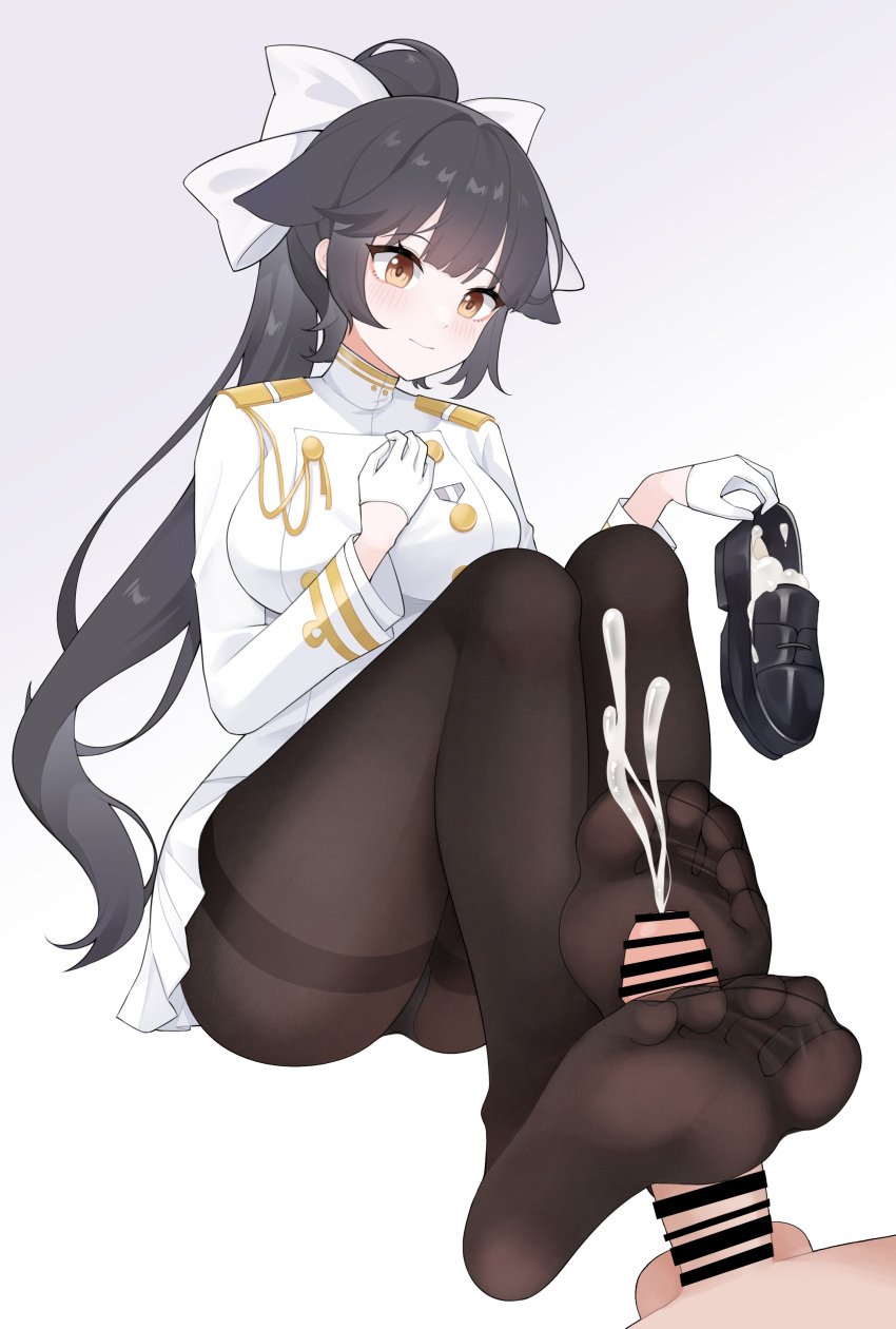 1boy absurdres azur_lane bar_censor black_hair black_panties black_pantyhose bow breasts brown_eyes censored closed_mouth commentary_request commission cum cum_in_footwear ejaculation epaulettes erection feet feet_on_penis female foot_fetish foot_focus foot_play footjob footjob_with_legwear foreshortening full_body gloves gold_trim gradient_background grey_background hairbow highres holding holding_shoes impossible_clothes impossible_jacket jacket knees_up large_breasts legs long_hair military_uniform miniskirt no_shoes out_of_frame panties pantyhose penis pixiv_commission pleated_skirt ponytail projectile_cum shoes sidelocks skirt soles solo_focus takao_(azur_lane) thighband_pantyhose thighs toe_seam toenails toes two-footed_footjob underwear unworn_shoes very_long_hair white_bow white_gloves white_jacket white_skirt wl217_(nicexa111)