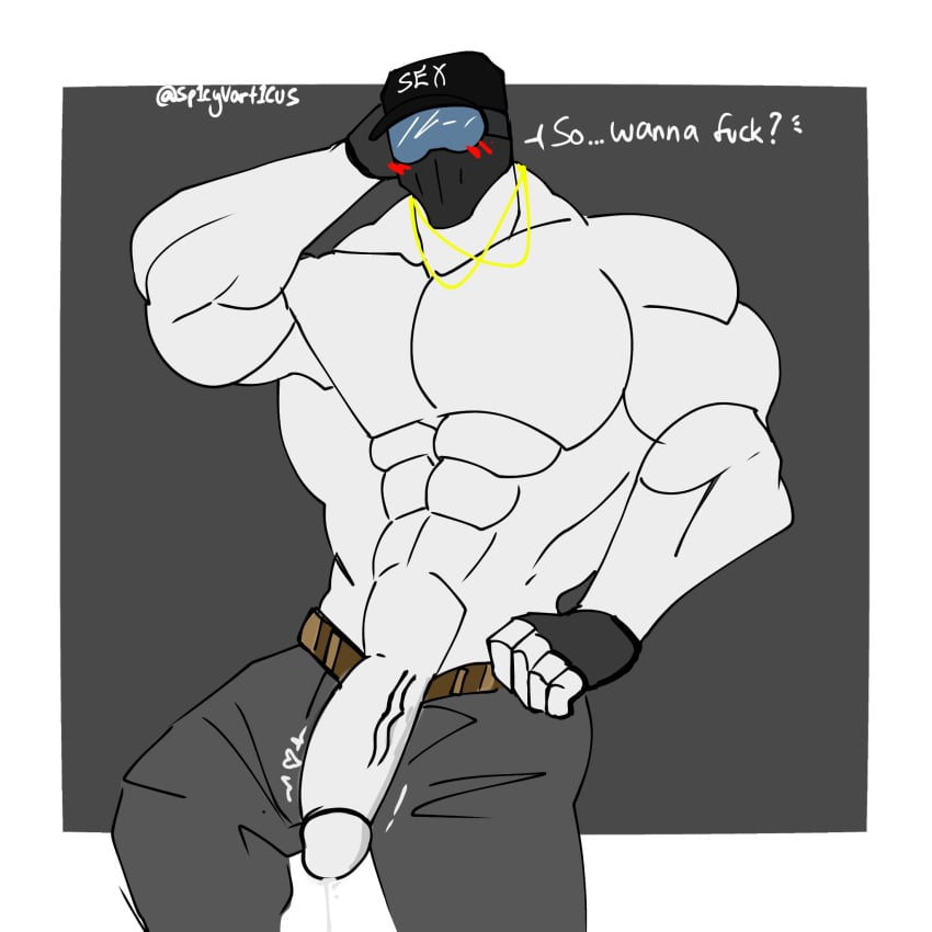 asking_for_sex bara big_penis bulge_through_clothing cap collar fingerless_gloves gay hzin_(lustfulsai) lustfulsai masked_male precum_drip shirtless_male solo veiny_penis