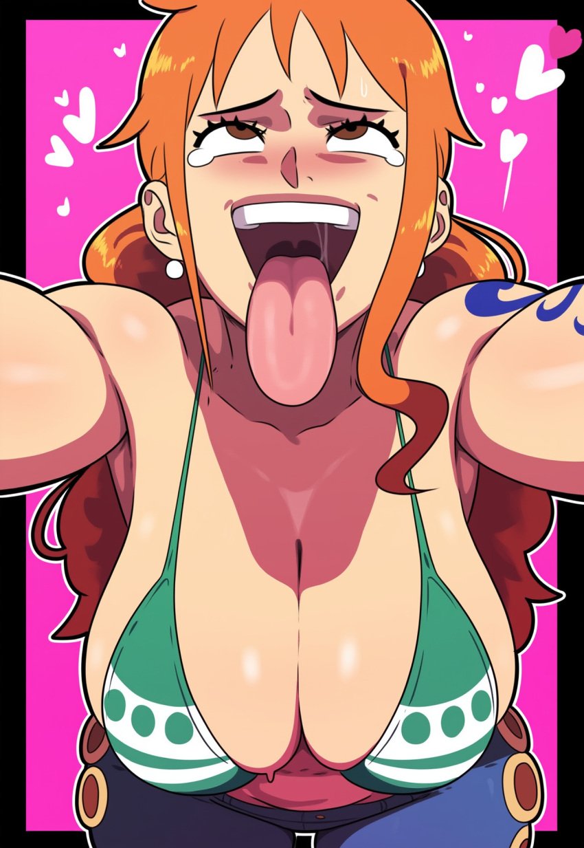 ahe_gao ai_generated begging begging_for_more bikini cleavage clothing eyes_rolling_back female female_only gigantic_breasts hanging_breasts huge_breasts lubbasdump nami nami_(one_piece) one_piece open_mouth orange_hair tongue tongue_out wide_hips