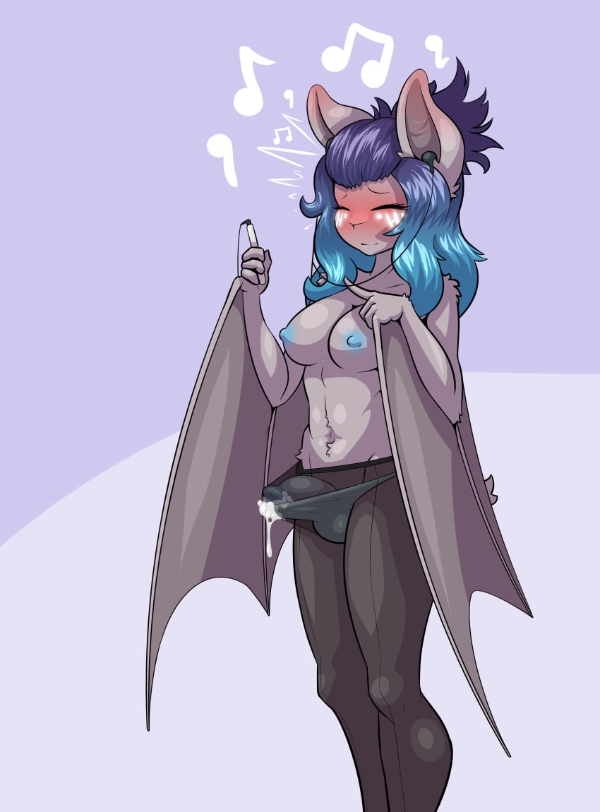 1futa 2017 anthro bat big_breasts blue_hair blush breasts closed_eyes clothed clothing cum cum_through_clothes cum_through_clothing cum_through_pantyhose cum_through_underwear dickgirl erection erection_under_pantyhose fur furry futa_only futanari glowing_flesh grey_fur hair hi_res intersex limebreaker mammal michi_tsuki original panties pantyhose penis raised_tail simple_background solo underwear wings