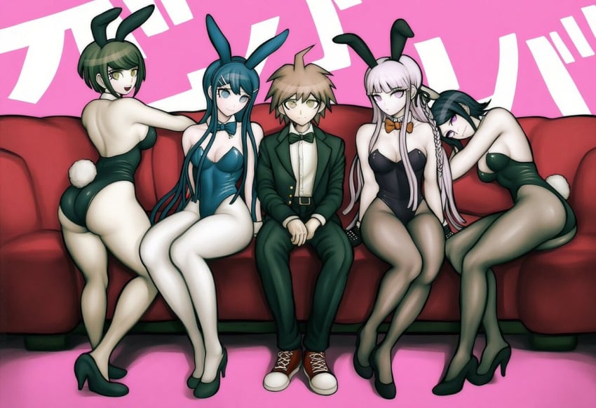 1boy 4girls ai_generated bunnysuit couch danganronpa danganronpa_ultra_despair_girls harem kirigiri_kyouko maizono_sayaka mukuro_ikusaba multiple_girls naegi_komaru naegi_makoto sole_female