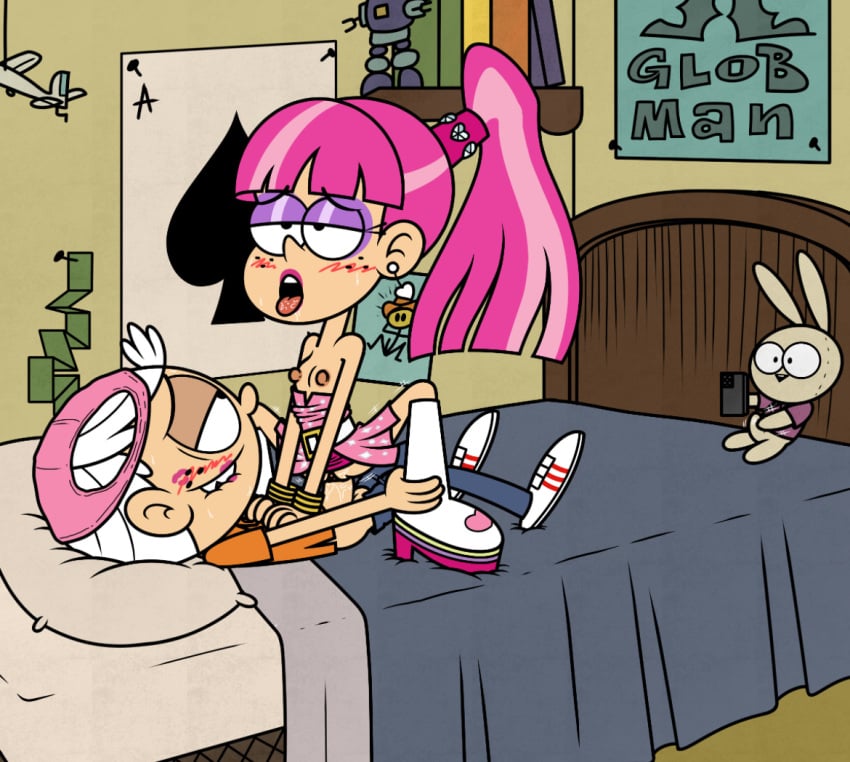 1boy1girl 2025 accurate_art_style age_difference bedroom bedroom_sex breasts brother_and_sister cowgirl_position flat_chest hands_on_chest incest lincoln_loud lipstick lipstick_mark lulu_(the_loud_house) luna_loud nickelodeon nipples panties_on_head pink_hair shirt_down squatting takeshi1000 the_loud_house vaginal_penetration