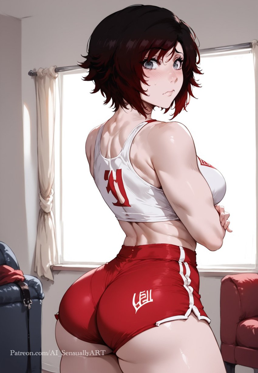 1girls 2d ai_generated ai_sensuality ass ass_focus big_ass big_breasts booty_shorts cleavage female female_only gym gym_shirt gym_shorts gym_uniform jlullaby_(style) light-skinned_female rear_view ruby_rose rwby slender_waist solo solo_focus tagme wide_hips