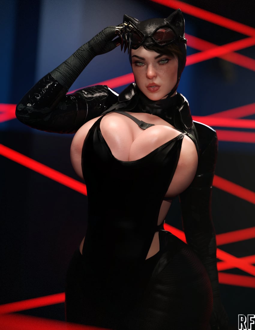 1girls 3d batman:_arkham_knight batman_(series) black_hair catwoman catwoman_(arkham_knight) curvy dc dc_comics fat_ass freckles freckles_on_face green_eyes heist high_resolution highres huge_breasts large_breasts lasers latex leather looking_at_viewer pinup rude_frog seductive seductive_look selina_kyle thick_thighs voluptuous voluptuous_female wide_hips