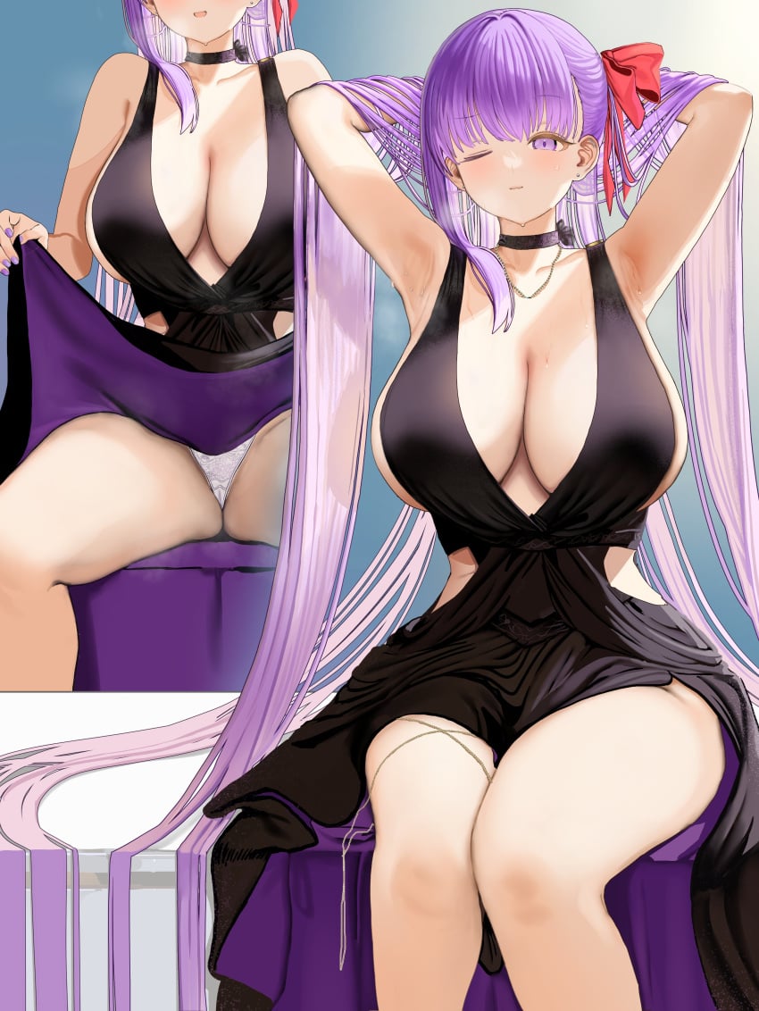 1girls absurdres armpits bare_arms bare_shoulders bb_(fate) bb_(fate/extra) black_choker black_dress blush breasts choker cleavage closed_mouth clothes_lift commentary dress dress_lift ear_piercing fate/extra fate/grand_order fate_(series) hair_ornament highres large_breasts long_hair looking_at_viewer multiple_views one_eye_closed panties parted_lips piercing purple_eyes purple_hair sideboob sitting sleeveless sleeveless_dress spread_legs sumida_bunchou thighs underwear very_long_hair white_panties