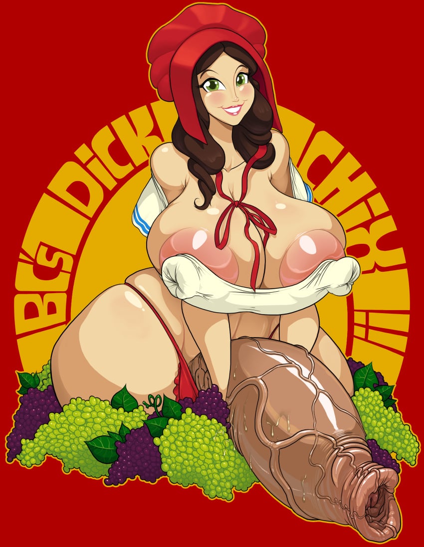 1futa babe bcdickchix brown_hair cleavage coif excessive_foreskin foreskin foreskin_overhang grapes happy headwear large_breasts mascot nasty pink_nipples red_background red_hat sun-maid sun_babe sun_maid_raisins voluptuous voluptuous_futanari white_body worker