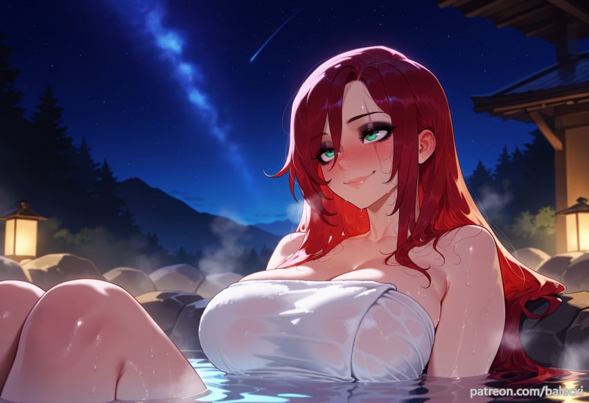 ai_generated balecxi blush female green_eyes katarina_(league_of_legends) katarina_du_couteau large_breasts league_of_legends long_hair naked_towel night onsen partially_submerged patreon_username red_hair scar_across_eye shooting_star sky smile solo water wet