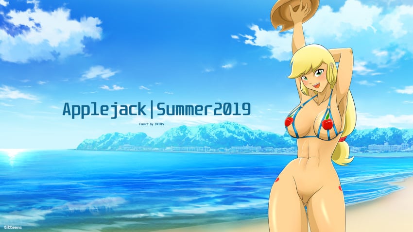 1girls 2019 abs applejack_(eg) applejack_(mlp) armpits beach bikini_top blonde_hair boobieboom bottomless bottomless_female breasts cowboy_hat equestria_girls erect_nipples erect_nipples_under_clothes female female_only freckles friendship_is_magic green_eyes hasbro micro_bikini my_little_pony pussy solo solo_female stetson vulva wallpaper water