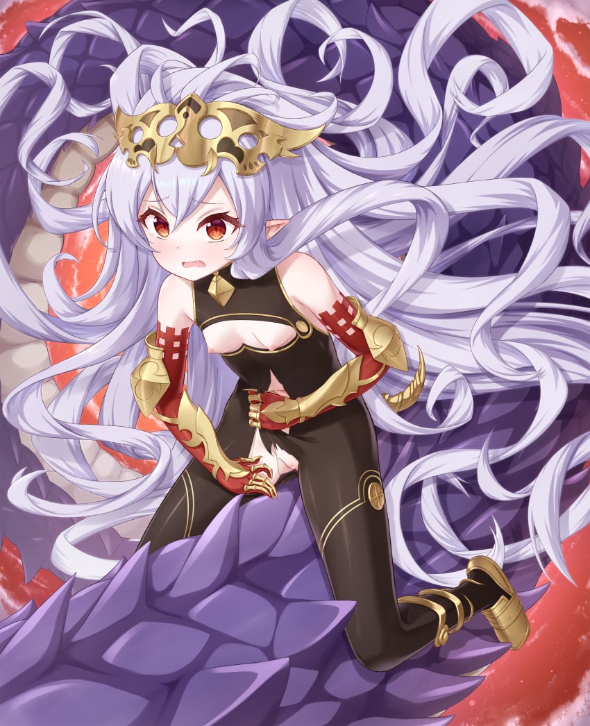 absurdres animal armor bare_shoulders black_bodysuit bodysuit breasts breasts_out censored clothing_cutout elbow_gloves female gauntlets giant_snake gloves gplnbeat hair_spread_out headpiece highres long_hair medusa_(shingeki_no_bahamut) nipples oerba_yun_fang open_mouth oversized_animal pointy_ears princess_connect! pussy red_eyes riding riding_animal slit_pupils small_breasts snake torn_bodysuit torn_clothes vambraces very_long_hair white_hair