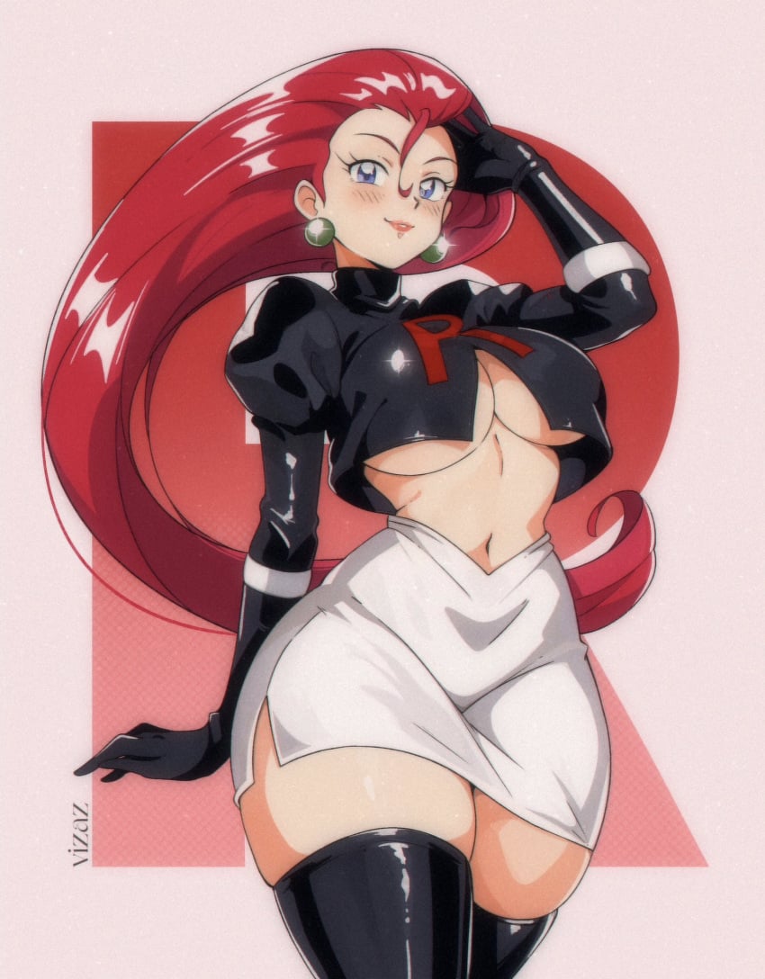 adjusting_hair belly_button big_breasts black_boots black_gloves blue_eyes blush boots breasts closed_mouth earrings elbow_gloves gloves jessie_(pokemon) lipstick long_hair no_bra pokemon red_hair skirt smile team_rocket_uniform thick_thighs thigh_boots underboob vizaz zettai_ryouiki