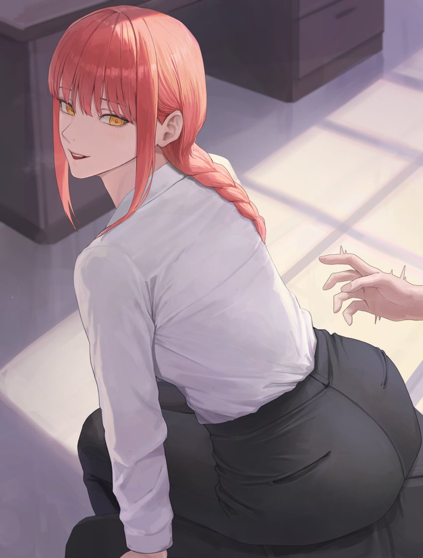 1boy 1girls ano_(gccx8784) ass ass ass_focus ass_on_crotch ass_rub chainsaw_man clothed_female clothing dat_ass looking_back makima_(chainsaw_man) red_hair sirimof teasing yellow_eyes