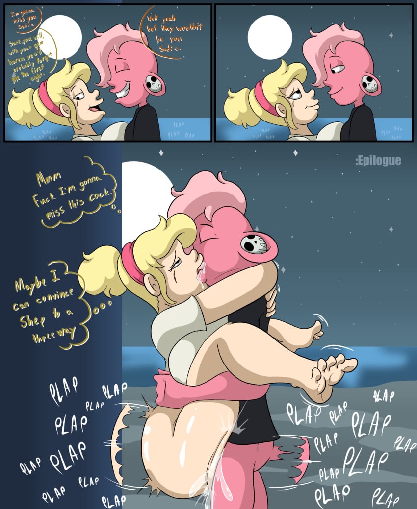 carrying_partner carrying_position cartoonfan402 comic comic_page comic_panel hidden_sex holding_partner kissing lars_barriga legs_up pantless pink_hair pussy_juice sadie_miller shorter_female shortstack size_difference steven_universe tagme taller_male