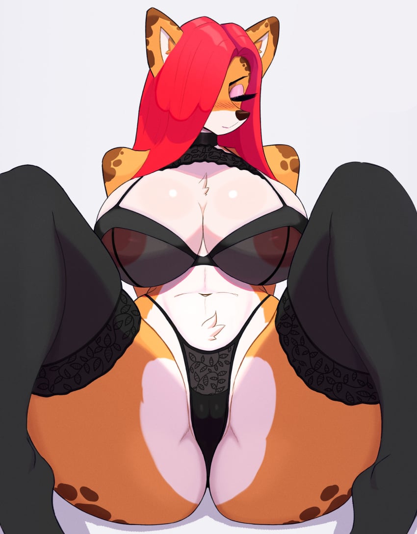 anthro big_breasts biped breasts clothed clothing eyeshadow felid feline female front_view fur hair hi_res huge_breasts kinhey legwear lingerie long_hair makeup mammal mascara nipples pink_eyeshadow red_hair simple_background solo stockings tan_body tan_fur