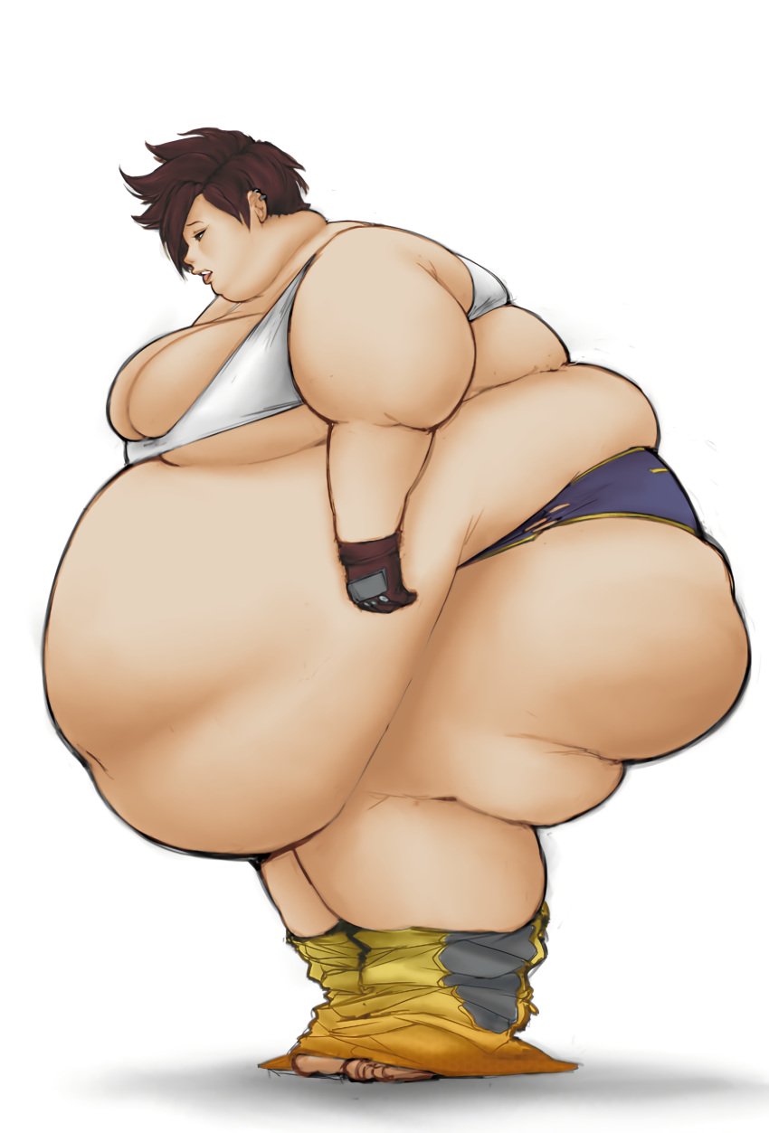 1girls belly_focus belly_overhang exhausted exposed_fat_belly fat fat_arms fat_belly fat_female fat_fetish fat_thighs fat_woman female female female_only happy happy_female morbidly_obese morbidly_obese_female obese obese_female overwatch overwatch_2 overweight overweight_female pewbutt simple_background tracer weight_gain