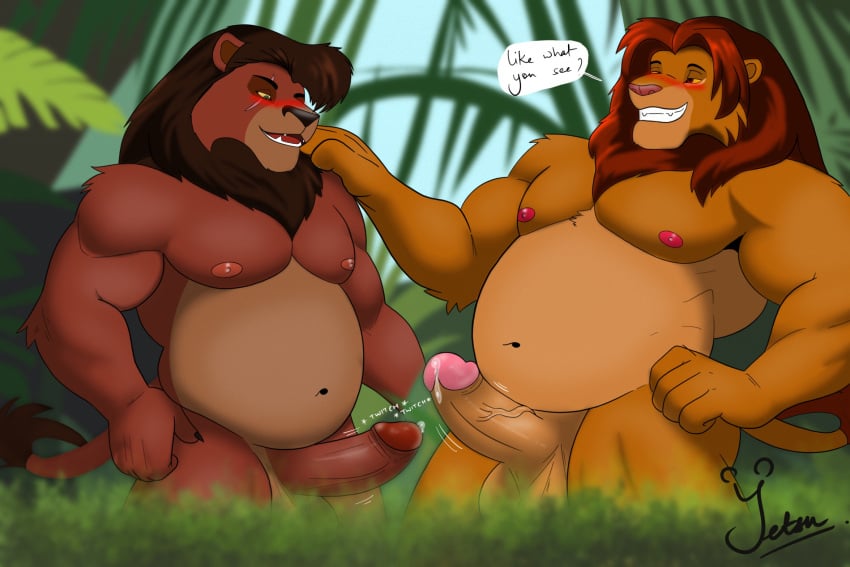 anthro areola balls belly biceps blush bodily_fluids brown_body dialogue digital_media_(artwork) disney duo english_text erection felid forest fur genital_fluids genitals hair hand_on_shoulder hi_res humanoid_genitalia humanoid_penis kovu_(the_lion_king) leaking_precum lion male male/male mammal muscular muscular_anthro muscular_male navel nipples nude outside overweight overweight_anthro overweight_male pantherine pecs penis plant precum simba_(the_lion_king) smile speech_bubble standing tail teeth text the_lion_king tree yetsu