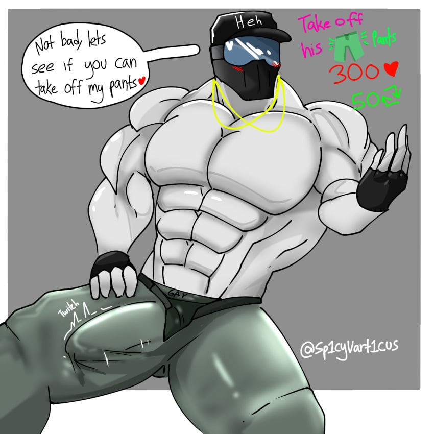 bara big_penis bulge_through_clothing gay hzin_(lustfulsai) lustfulsai masked_male shirtless_male solo strip_game taking_off_pants